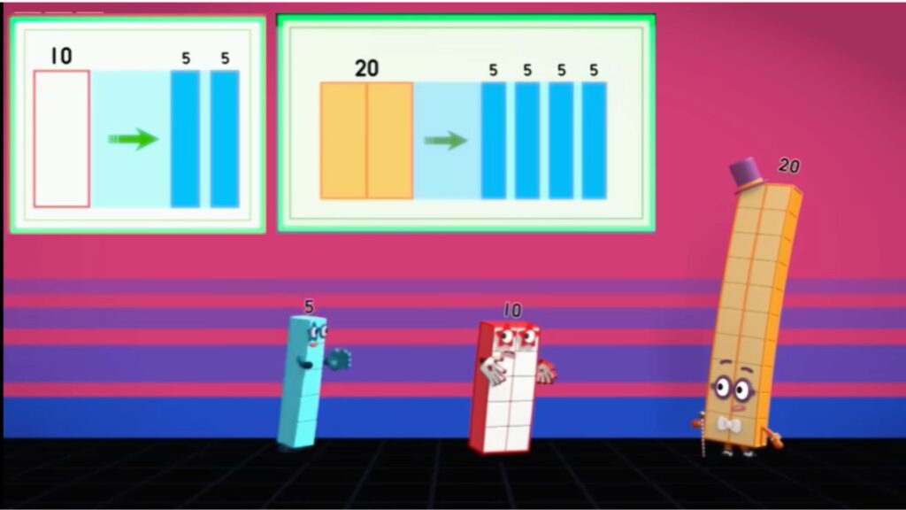 アニメ「ナンバーブロックス」のワンシーン。鬼ごっこ中の１０や２０たちが５から逃げているところ。 