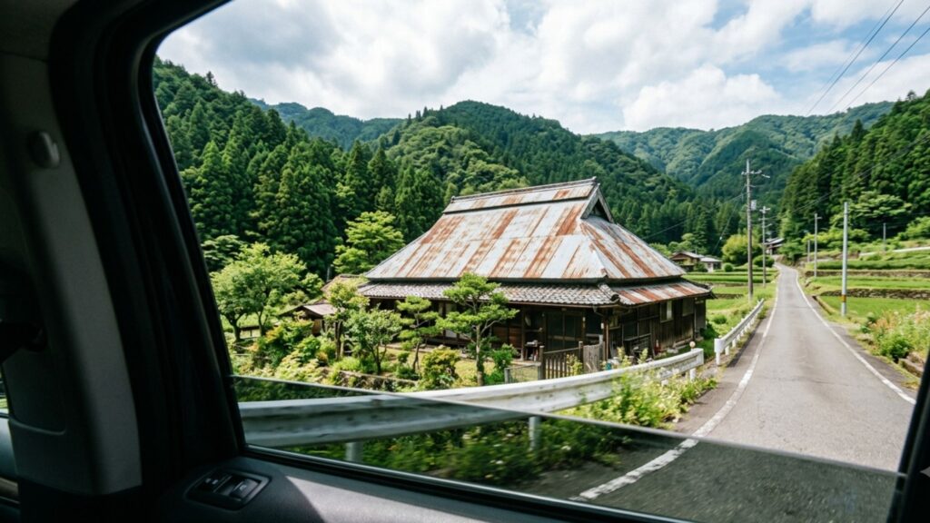 車内から見るトタン屋根の風景