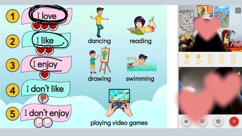 「I love」「I like」「I don't like」などの表現を使って、先生と会話しながら段階的に学べるスライド